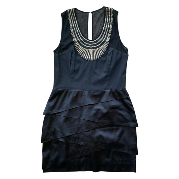 Nicole Miller Silk Beaded Tiered Sheer Panel Cocktail Dress Black Gold Size 6 - Picture 1 of 7